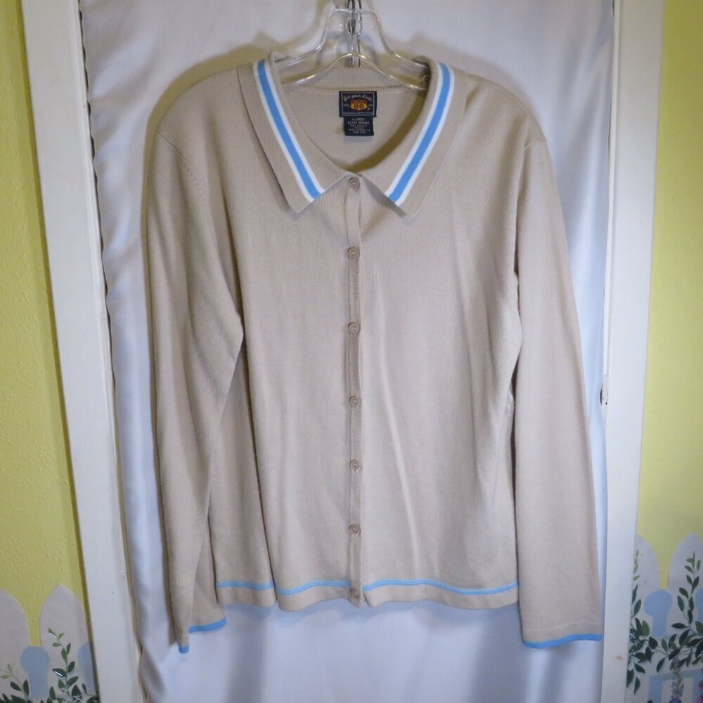 Vintage Route 66 Cardigan Sweater, Beige with Blue Stripes, Size XL, Acrylic